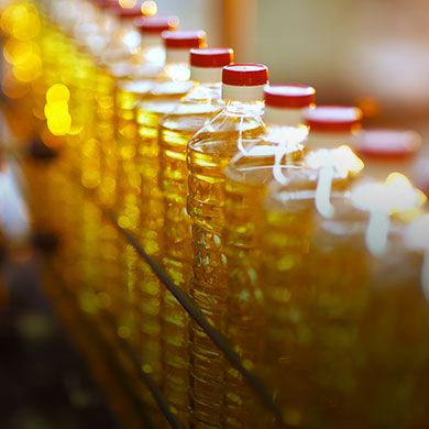 Row of clear plastic bottles filled with golden cooking oil and red caps on a production line.