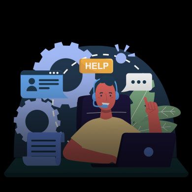Illustration of a smiling customer support agent with a headset, sitting at a laptop, surrounded by gears and icons.