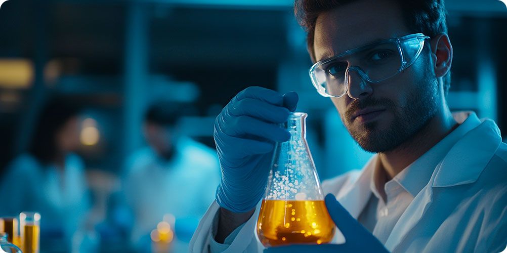 Man wearing medical attire holding a clear substance, indicating expertise in healthcare or medical research.