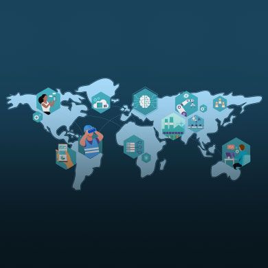 Illustration of a world map on a dark background showing a network connected by icons for AI, automation, cloud computing, and technology.