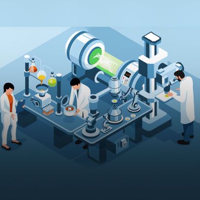 Isometric illustration of three scientists working in a modern laboratory with advanced research equipment.