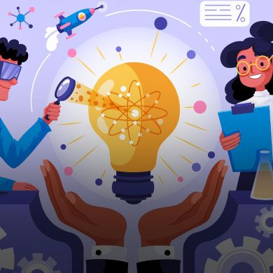 Illustration of two researchers finding an innovative solution, represented by a glowing atomic lightbulb held by supportive hands.